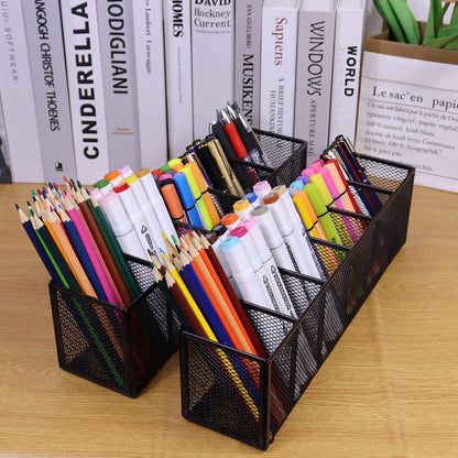 2PCS Black Mesh Pen Pencil Holder, Small Metal Desk Organizer Desktop Stationery Office Supplies Acessories Storage Stand, 6 Compartments Brushes Holder for Home School Classroom Teachers