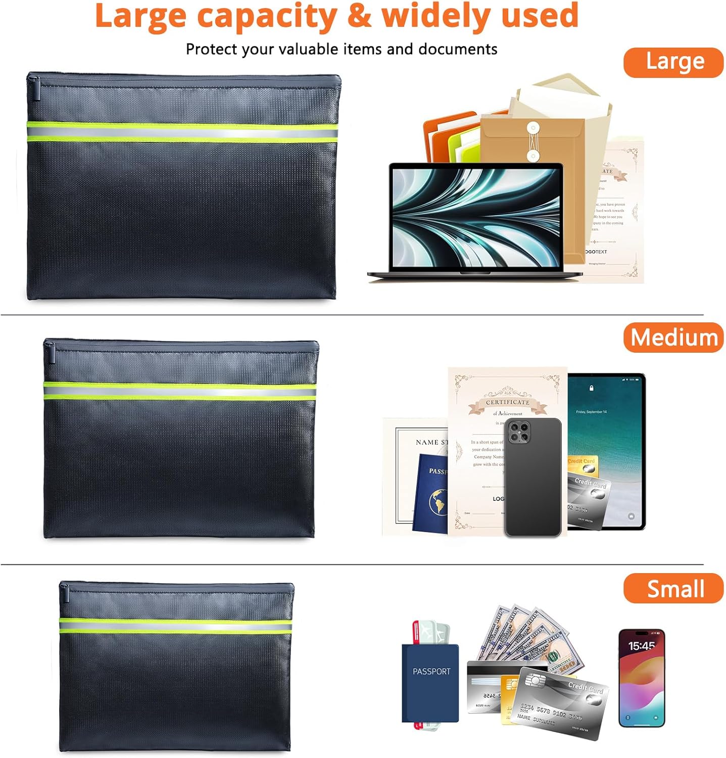 Fireproof Document Bag – 3 Pack (15" x 11", 13" x 9.7", 10.5" x 8") Fireproof & Water- proof Document Organizer | Document Holder with Zipper Secure for Cash, Passports, Check& More