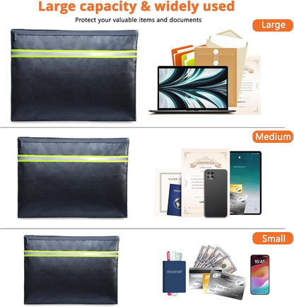 Fireproof Document Bag – 3 Pack (15" x 11", 13" x 9.7", 10.5" x 8") Fireproof & Water- proof Document Organizer | Document Holder with Zipper Secure for Cash, Passports, Check& More