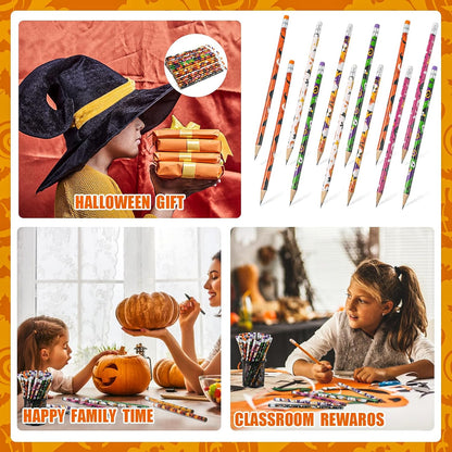 LOMIMOS 120pcs Halloween Pencil Bulk,Colorful Wooden with Eraser 12 Patterns Stationery for Kid Trick or Treat Gift Prize Party Favor School Office Supply Goody Bag Classroom Reward