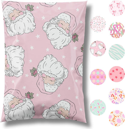14.5x19 Designer Christmas Holiday Poly Mailers 100 Pack Heavy Duty Waterproof Self Seal Shipping Bags Large Mailing Envelopes Bulk Tear Resistant Cute Packaging Pink Santa
