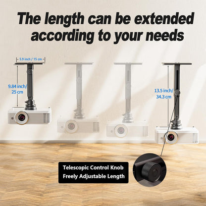 Projector Stand - Single Hole Hanging Height Adjustable Wall Ceiling Mount, Universal Mount with Retractable Arms - Aluminum Alloy Material, Load 33 lbs - Black