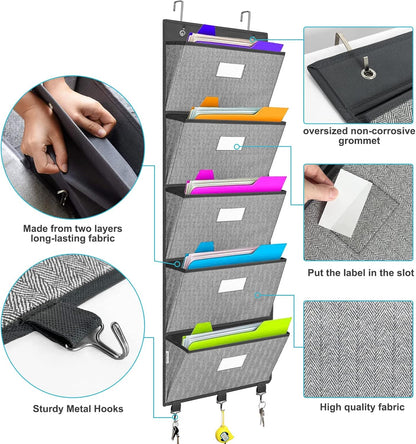 Over the Door File Organizer, Hanging File Folders, Wall Organizers and Storage for Mail, Magazine, Notebooks, Planners, Office, Classroom, 5 Extra Large Pockets, 50.39” Tall (Grey with Herringbone)