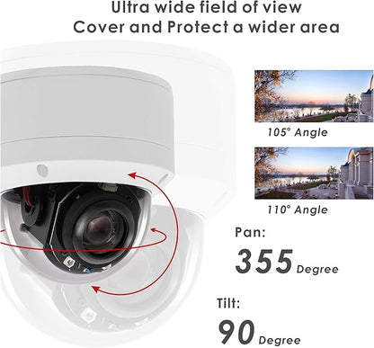 H.265 HD 1080P Security POE PTZ Dome Camera, Hikvision Compatible Indoor/Outdoor 2.7-13.5mm Motorized Lens 5X Zoom, Audio in,Pan 355° Tilt 90°, Waterproof IP66 98ft Night Vision,Motion Detection