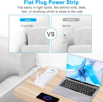 20FT Power Strips with Surge Protection 1625W/13A, 10 Outlets with 4 USB Ports (1 USB C) Long Extension Cord with Multiple Outlets 14-in-1 1700J 16Awg Flat Plug Power Strip Protector White ETL Listed