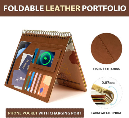 Clipboard with Storage for Men Women, Leather Padfolio Portfolio Organizer 5 Folders with 10 Pockets, Spiral Clipboard Folio with Notepad for Letter Size, Elastic Closure and Pen Loop Brown