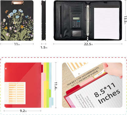 Ospelelf Leather Portfolio Folder with Zipper - 3 Ring Binder with Clipbard - Calculator, 12.1” Tablet Sleeve, 5 Dividers with 10 Pockets, Refillable Notepad, Card Holder (Bushes)