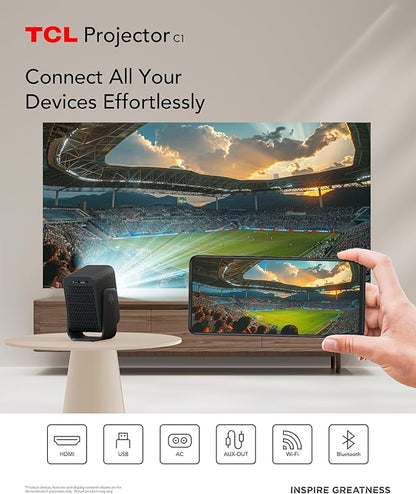 TCL C1 Smart Projector 4K Support, Google TV & Netflix Officially Licensed, WIFI and Bluetooth, Auto Focus Keystone, Native 1080p, Dolby Audio, 285° Portable Mini Projector for Home Theater