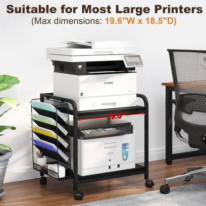 EasyCom Large Printer Stand with File Holder Organizer, Adjustable Height Shelf with Wheels, Rolling Printer Cart with Storage for Printer Scanner Fax Home Office Use Black