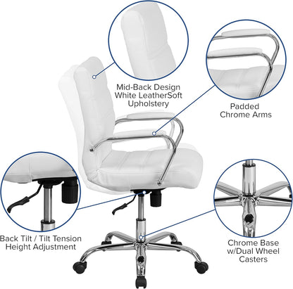 Flash Furniture Whitney Mid-Back Swivel LeatherSoft Desk Chair with Padded Seat and Armrests, Adjustable Height Padded Office Chair, White/Chrome