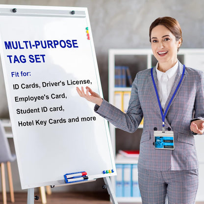 Marspark 50 Sets Clear Name Tags with Lanyard, Lanyards for ID Badges Reusable Strap with ID Holder Plastic Name Badges for Adults Business School Church Conference (Blue)