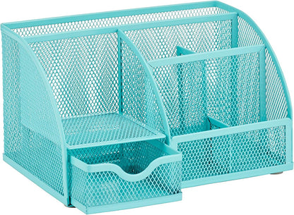 Annova Mesh Desk Organizer Office with 7 Compartments + Drawer/Desk Tidy Candy/Pen Holder/Multifunctional Organizer (Turquoise)