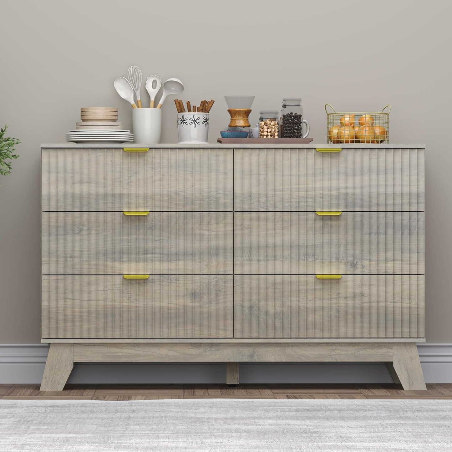 Fluted 6 Drawer Dresser, 47.2" Wide Modern Boho Chest of Drawers, Wooden Storage Dresser TV Stand for Bedroom, Living Room, Closet, Hallway, Curved Profile Design