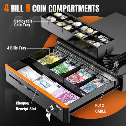 Tera 16" Heavy Duty Cash Drawer Auto Open Insert Tray 5 Bill 8 Coin for Point of Sale (POS) System Removable Cash Tray Media Slot 24V RJ12 Key-Lock with Round Corner for Business Retail 405R Black