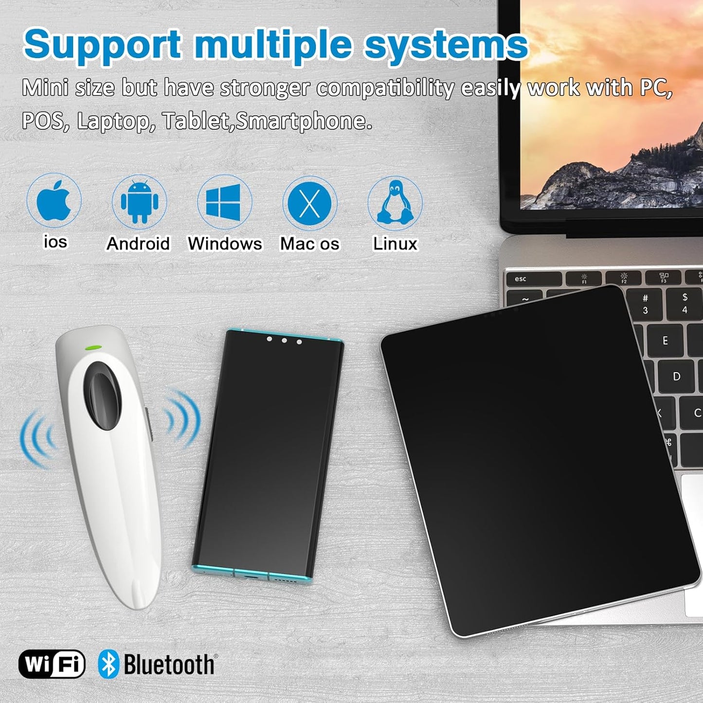 Alacrity1D 2D QR Barcode Scanner Compatible with 2.4G Wireless & Bluetooth Function & Wired Connection, Cordless Handheld Barcode Scanner Compact Plug and Play, Connect Smart Phone, Tablet, PC White