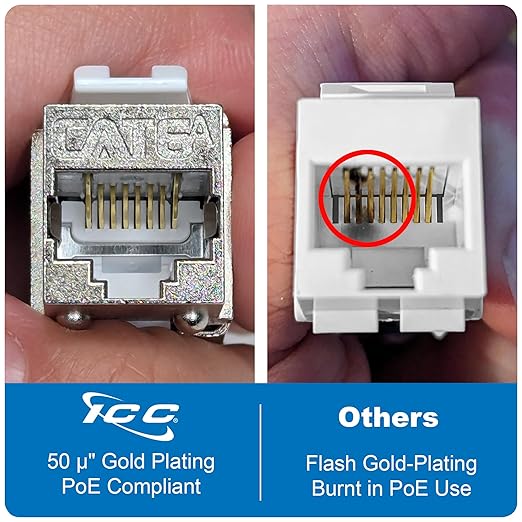 ICC Shielded FTP CAT6A Keystone Jack with Slim Profile 180 Degree Punch Down, 10Gbps RJ45 UL Listed PoE++ TAA Compliant for Wall Plate or Patch Panel, Works with JackEasy Termination Tool