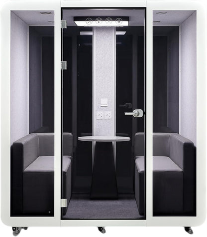 Mobile Office Pod Booth, Sound Pod, Large Space SoundProof Pod 4-6 People, Sound Booth Mobile Roller, LED Lighting, Centrifugal Fans and AC USB Ports Large Size for 4-6 Persons White/Smoked Glass