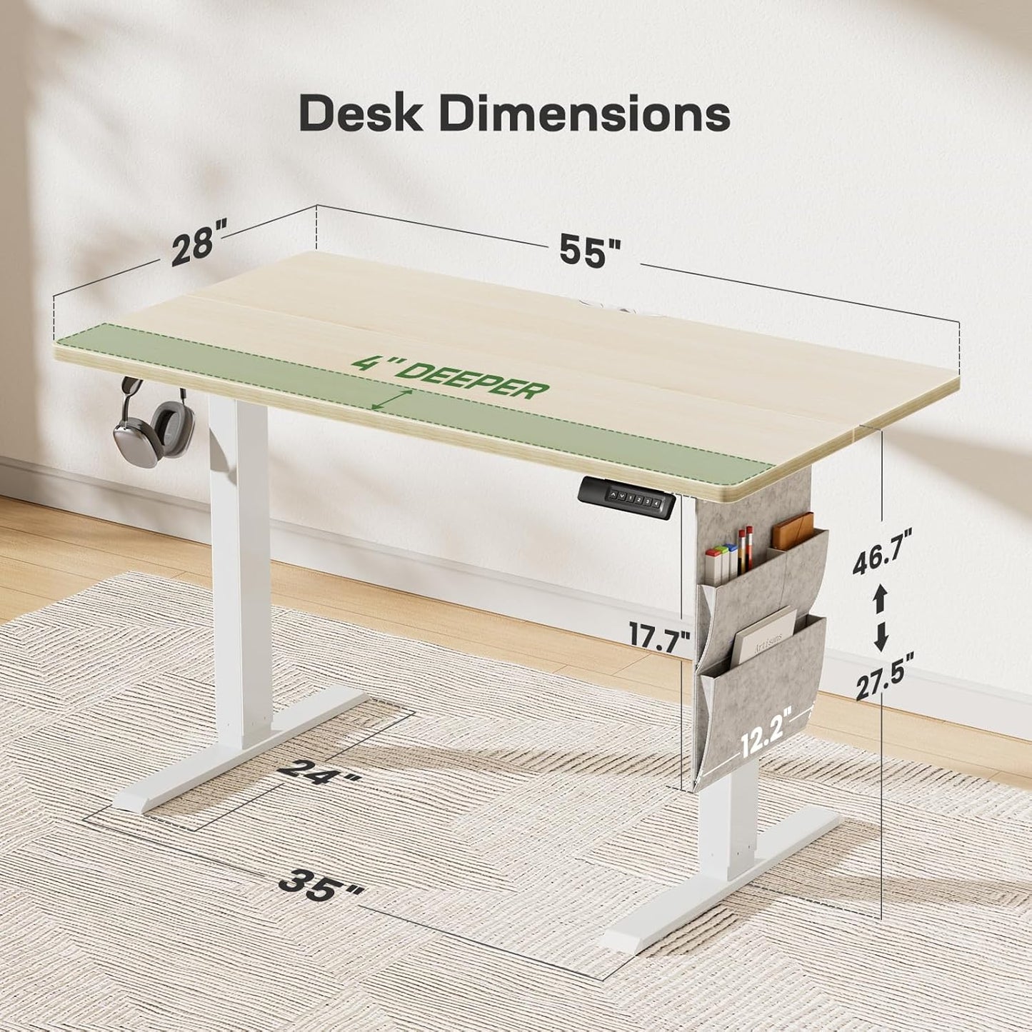 Marsail Electric Standing Desk Adjustable Height Home Office Desks 55"x28" with Storage Bag,Sit Stand up Desks for Study,Writing,Work Computer 4 Memory Preset with Headphone Hook