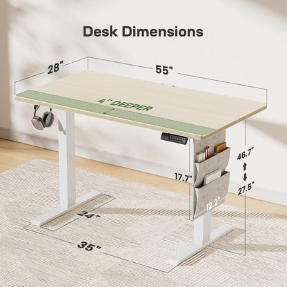 Marsail Electric Standing Desk Adjustable Height Home Office Desks 55"x28" with Storage Bag,Sit Stand up Desks for Study,Writing,Work Computer 4 Memory Preset with Headphone Hook