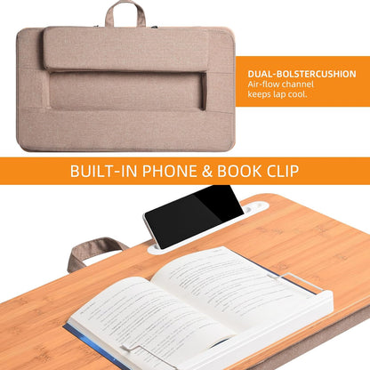 wishacc Oversized Bamboo Lap Desk with Phone/Tablet Slots & Cushion Pillow – Extra-Large Portable Laptop Stand for Home, Office, Bed, Car