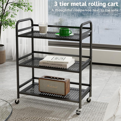 HDANI 3 Tier Metal Rolling Heavy Cart Supports 40 Lbs Per Tier,Rolling Cart with 2 Lockable Wheels for Office,Home,Bedroom,Kitchen,Bathroom(Black)…