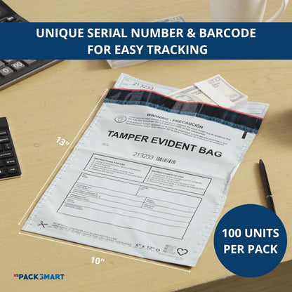 10"x13" Opaque Plastic Deposit Bags with Security Tape Tamper Evident - Secure Bank Deposits, Cash Handling, & Currency Transport | Self-Sealing Tape with Hidden Graphics | 100-Pack