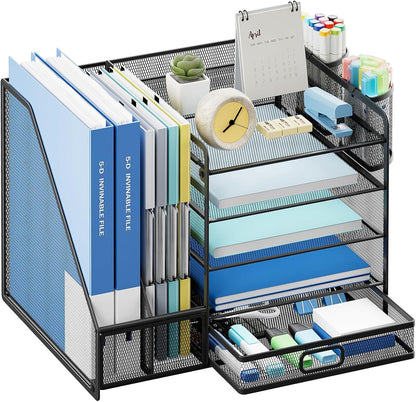 Lavatino Desk Organizer with File Holder, 5-Tier Paper Letter Tray Organizer with Sliding Drawer and 2 Pen Holder, Mesh Desktop File Organizer for Office Supplies (Black)