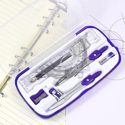 Math Geometry Kit Sets 10 Piece Student Supplies with Shatterproof Storage Box,Includes Rulers,Protractor,Compass,Eraser,Pencil Sharpener,Lead Refills,Pencil,for Drafting（Purple）