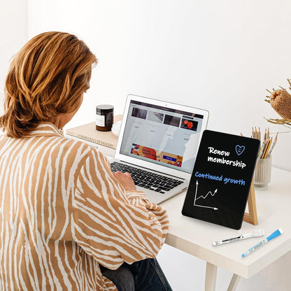 WALGLASS Desktop Black Glass Dry Erase Board 9.5"x 6.7" with Reversible Wood Stand, Small White Board, Portable Whiteboard for Desk, Reusable Desk Notepad with 2 Markers&Eraser for Home, Office