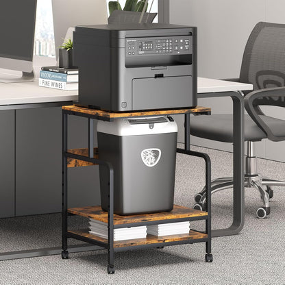 Large Printer Stand with Storage Shelf, 23.6" W x 18.9" D Printer Cart with Wheels, 3 Tier Mobile Printer Table for Home Office,Stands for Heat Press Scanner Fax (Brown)
