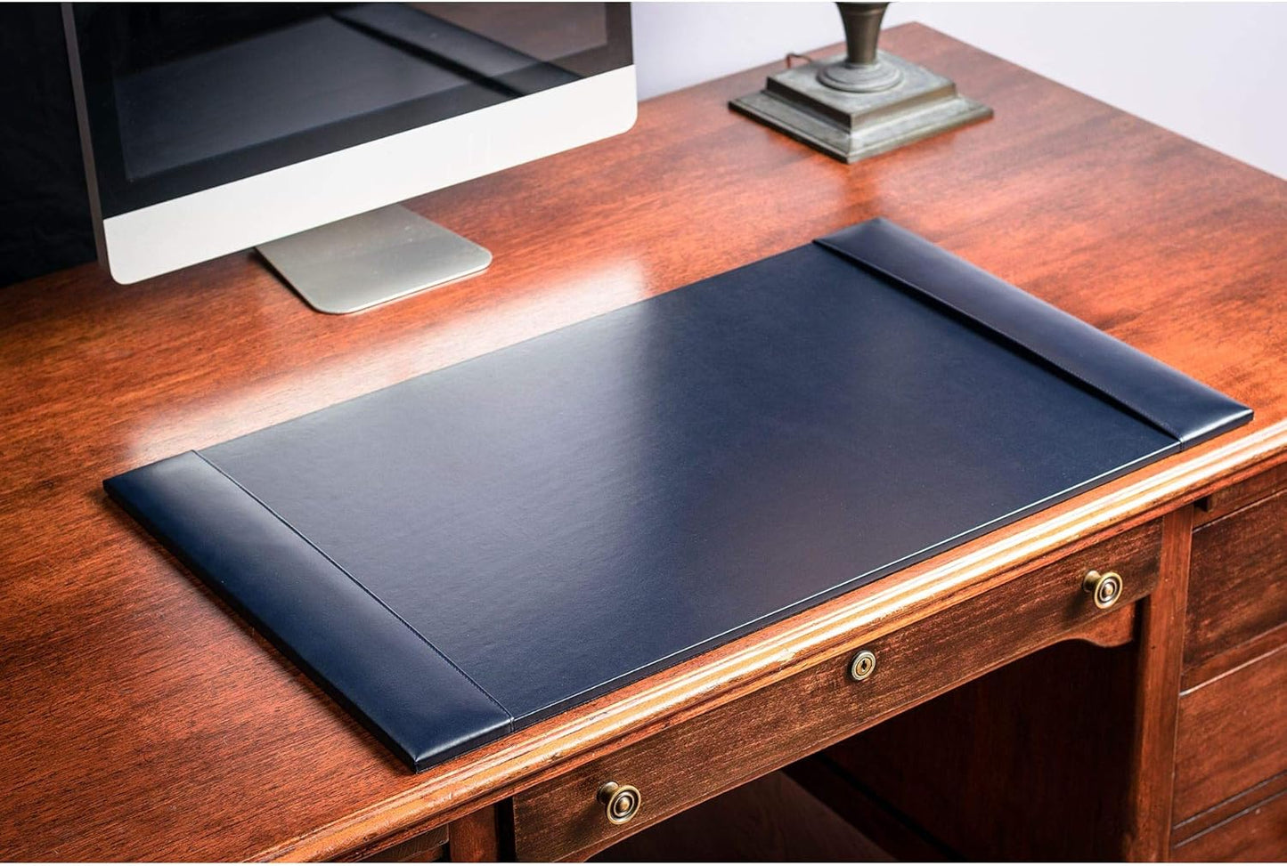 DACASSO Bonded Leather Desk Pad with Side Rails - Luxury Leather Desk Blotter for Writing (30 x 18, Navy Blue)