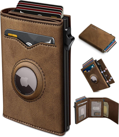 Airtag Wallet for Men,with Cash Pocket 2 ID Window 9-12 Cards,Metal Case Smart Slim Pop Up Credit Card Holder Flip with Magnetic Closure RFID Blocking Trifold wallet with Gift Box