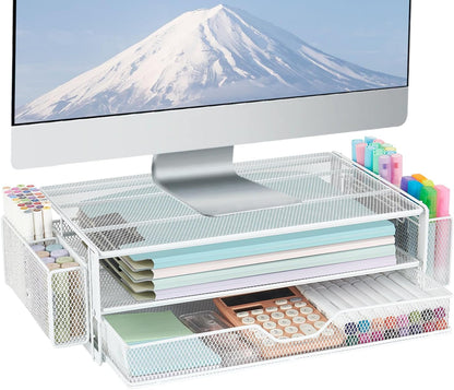 AUPSEN Computer Monitor Stands Riser，2-Tier Desk Organizers and Accessories, Office Desk Accessories Organizer with Drawers and 2 Pen Holder for Office Supplies (White)