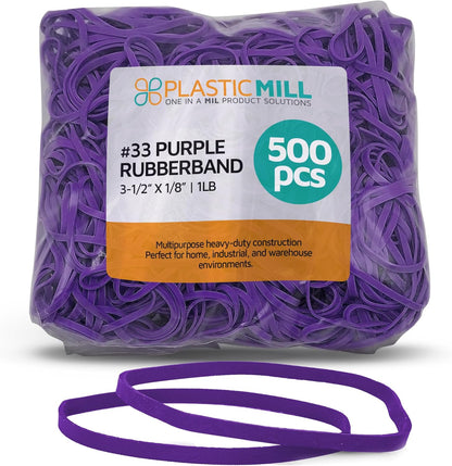 PlasticMill Purple Rubber Bands Size 33 (3 1/2" x 1/8") - #33 Colored Rubber Bands Office Supplies - Strong, Elastic Bands for Crafts, Balloon Garland, Cash, File Folders (500-Pack)