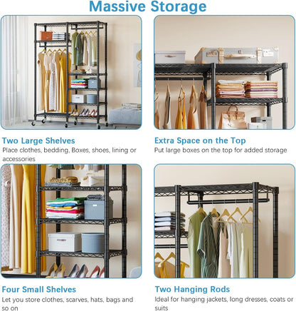 VIPEK R4 Garment Racks Heavy Duty Clothes Rack -620lb Capacity Metal Frame, Rolling Lockable Wheels & 6 Tiers Adjustable Height Shelves & Hanger Rods, Sturdy Wardrobe Closet for Home Storage, Black