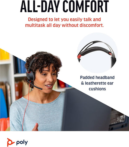 Poly - Blackwire 5220 USB-A Headset (Plantronics) - Wired, Dual Ear (Stereo) Computer Headset with Boom Mic - USB-A, 3.5 mm to connect to your PC, Mac, Tablet and/or Cell Phone