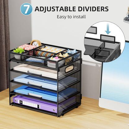 Marbrasse 5-Tier Letter Tray Paper Organizer with Handle, Multi-Functional Mesh File Organizer for Desk, Adjustable Compartments Mesh Desktop Storage for Office Supplies,Black