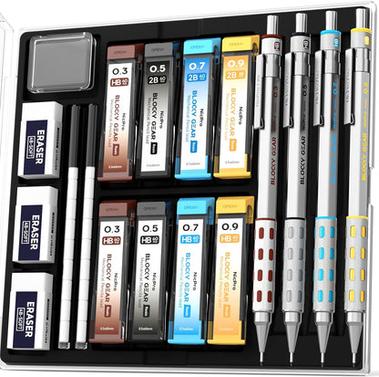 Nicpro 4 Pack Blocky Gear 0.3, 0.5, 0.7, 0.9 mm Metal Mechanical Pencils Set with Case, Lead Drafting Pencil with 8 Tube Lead Refills(HB 2B), Erasers, Eraser Refills for Art Writing Sketching Drawing