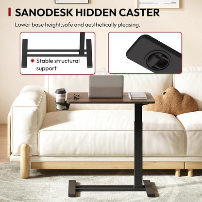 SANODESK Mobile Standing Desk with Hidden Wheels,Pneumatic Laptop Desk Rolling Computer Cart Movable Height Adjustable Small Sit Stand Desk for Home Office(27.6" W x 15.7" D, Maple)