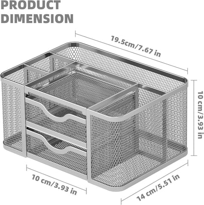 Marbrasse Mesh Desk Organizer, Pen Organizer with 2 Drawer, Multi-Functional Pencil Holder, Desk Organizers and Accessories with 5 Compartments + Drawer for Office Art Supplies (Silver)