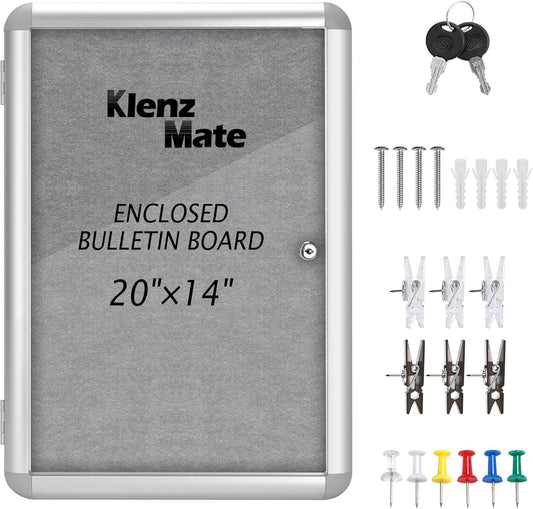 20"x14" Enclosed Bulletin Board Tamper-Proof Dispaly Case,Grey Fabric&Aluminium Frame,Shatter Resistant Lockable Bulletin Board with Clear Acrylic Door for School,Office,Mall,Community,Hospital,Church