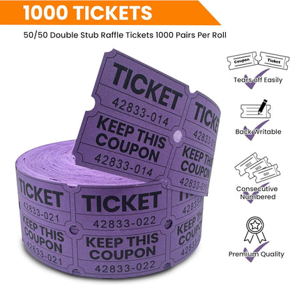 Pm Company 1000 Raffle Tickets Double Roll, Purple 50/50 Raffle Tickets for Events, Carnivals, Fundraisers, Class Rewards, and Prizes - Premium Quality