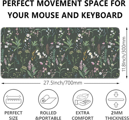 Green Plant Floral Mouse Pad,Large Flowers Mousepad Desk Pad with Stitched Edges,Non-Slip Waterproof Rubber Base Mouse Mat for Office Computer Keyboard Laptop Home(27.5x11.8 in)