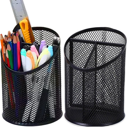 2 Pack Mesh Pencil Holder Pen Cup for Desk Round Black Pen Holder Desktop Pen Organizer 3 Compartments Pencil Organizer Desk Organizer for Office Home School