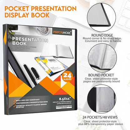 PERFORMORE Presentation Folder, 24 Pocket Presentation Display Book (Black) with Plastic Sleeves, 48 Pages Capacity for 8.5" X 11" Sheet Size Paper, Portfolio and Sheet Protector Binder (2)