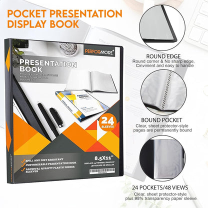 Performore 24-Pocket Presentation Book Folder | 8.5" x 11" Plastic Display Binder with Spill-Proof Clear Sleeves | Archival Acid-Free Portfolio for Certificates, Reports, and Documents (Black)