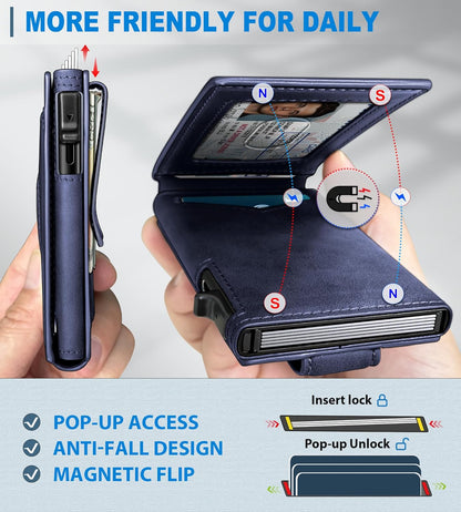 Airtag Wallet for Men,with Money Clip Gift Boxed,Slim Front Pocket Wallet RFID Blocking Metal Case Smart Pop-up Credit Card Holder in Magnetic Leather Flip