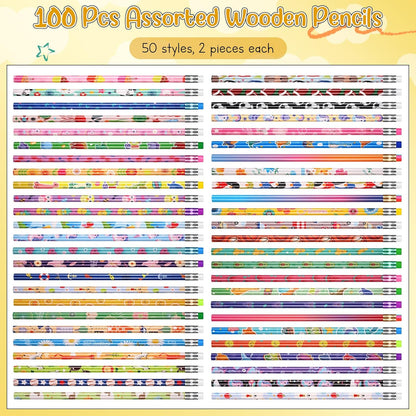 Sabary 100 Pcs Assorted Wood Pencil Bulk 50 Styles #2 HB Colorful Novelty Fun Dinosaur Animals Fruits Sports Pencils with Erasers Back to School Supplies for Kids Student Teacher Classroom Reward