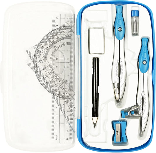 Lifreer Geometry Set,10 Pcs Protractor and Compass Set, Math and Ruler Set for Students, Class Supplies, and School - Essential Compass Geometry Tools for Precision and Quality (Blue)