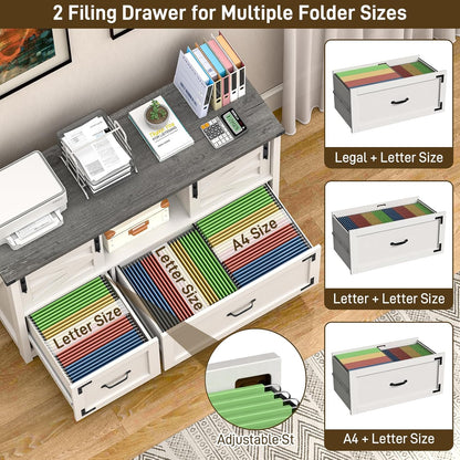 Lateral File Cabinets 2 Drawer with Sliding Barn Doors, Farmhouse Filing Cabinet with 2 Drawer for Home Office，Filing Organization Storage Cabinets for Hanging Files Letter/Legal/F4/A4.(Dark Grey.)
